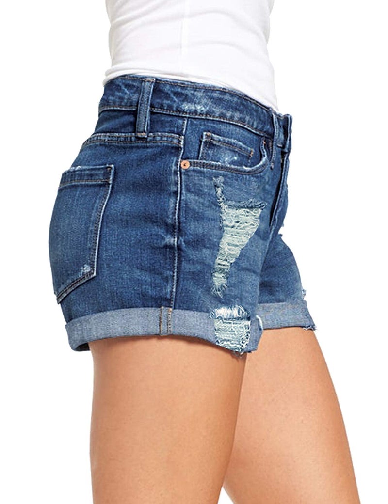 luvamia Women's Ripped Denim Jean Shorts High Waisted Stretchy Folded Hem Short Jeans A1 Cape Blue Size Small Fits US 4-6 - Image 2